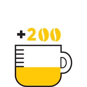 Dessin d'une tasse de café à moitié rempli avec le symbole +200 au-dessus, les deux zéros représentés par des grains de café
